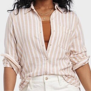 Linen Long Sleeve Collared Button-Down Shirt - Tan Striped M